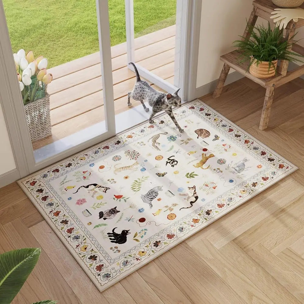 2X3 Rug Washable Boho Floral Animal Cat Small Area Rug