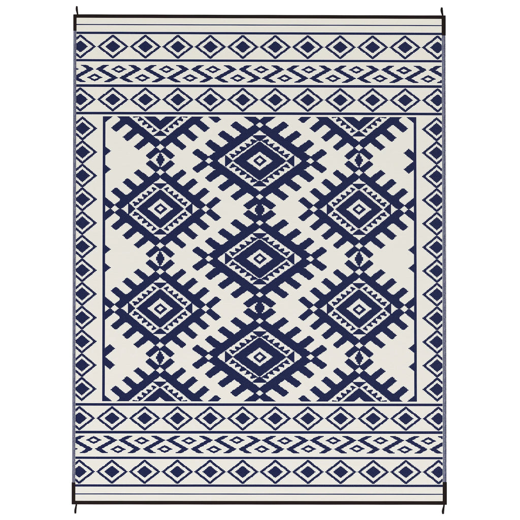 Jazzy Outdoor Rug, 9' x 12' Floor Mat, Blue White Rhombus Border