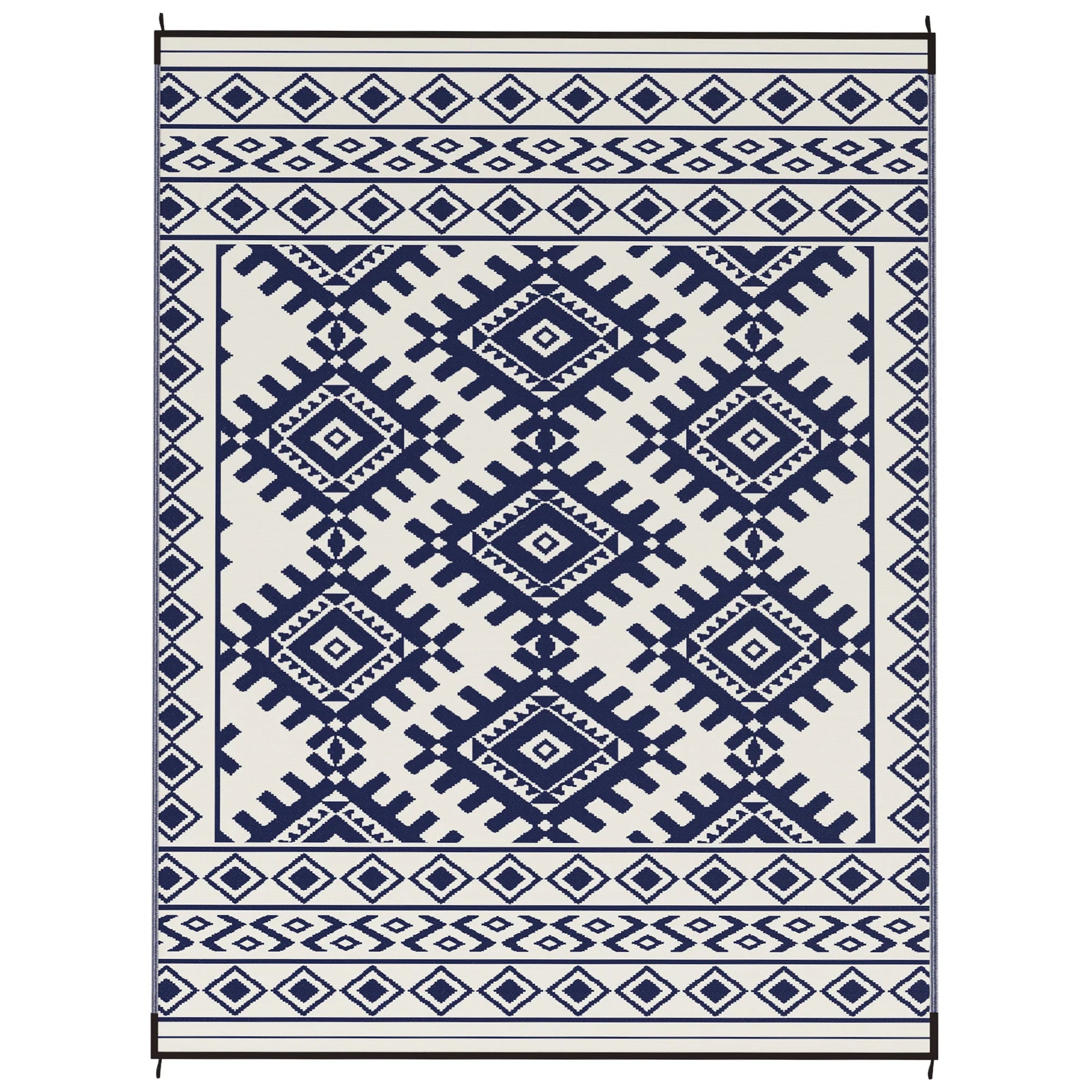 Jazzy Outdoor Rug, 9' x 12' Floor Mat, Blue White Rhombus Border