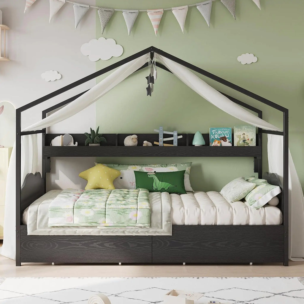Twin House Day Bed  with Storage Drawers & Bookshelf