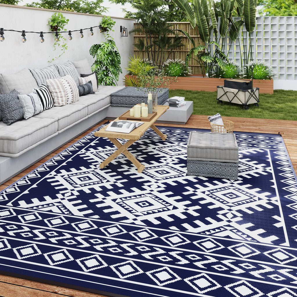 Jazzy Outdoor Rug, 9' x 12' Floor Mat, Blue White Rhombus Border