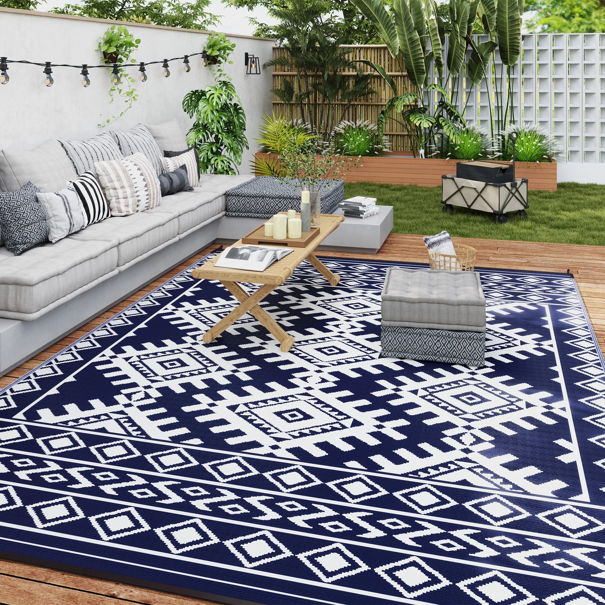 Jazzy Outdoor Rug, 9' x 12' Floor Mat, Blue White Rhombus Border