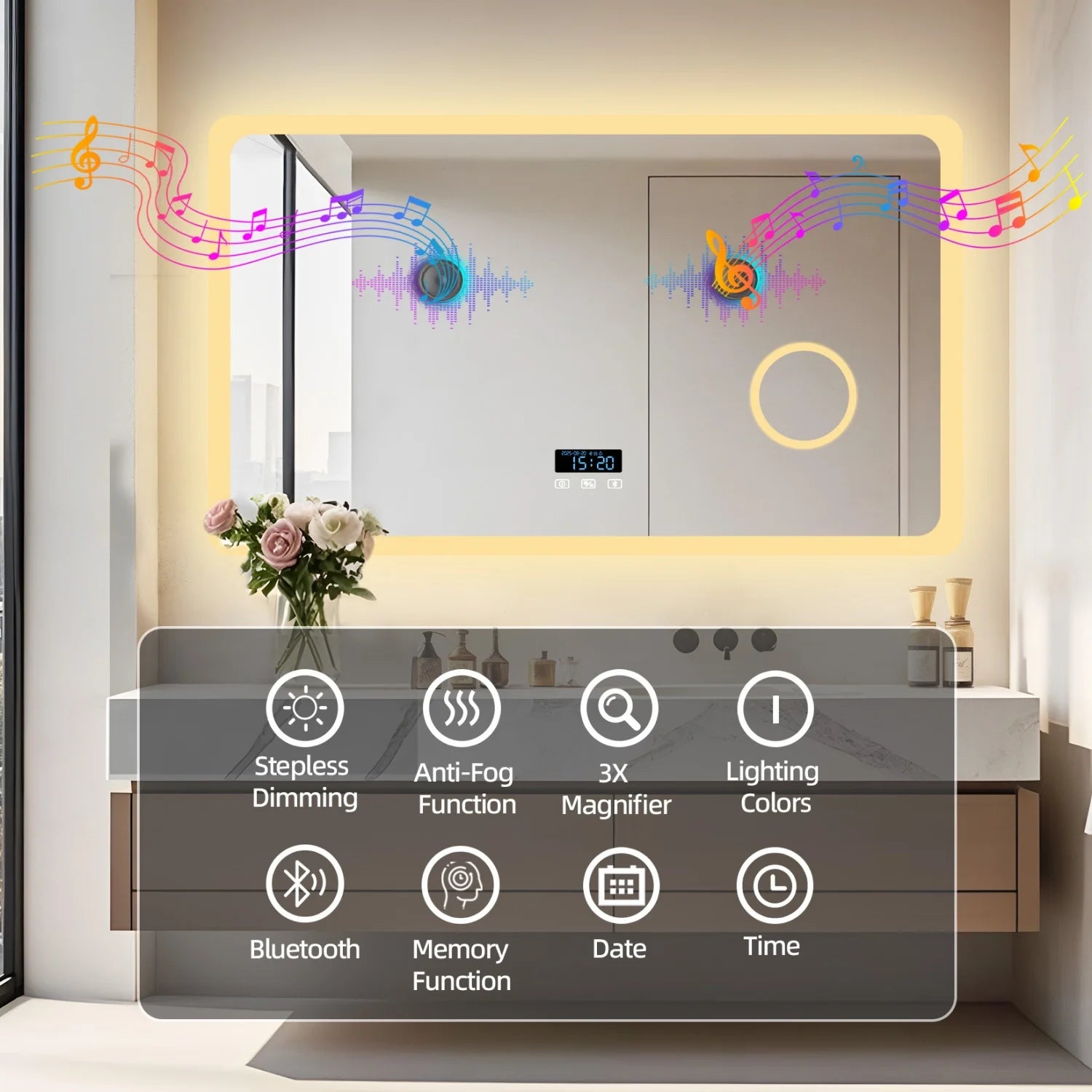 LED Bathroom Mirror with Bluetooth Dimmable Backlit Vanity Mirror with 3X Magnifier and Screen Display