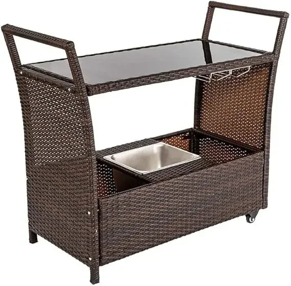 Hot-sellingRattan Outdoor Bar Cart on Wheels with Ice Bucket and Glass Top for Serving Drinks