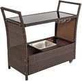 Hot-sellingRattan Outdoor Bar Cart on Wheels with Ice Bucket and Glass Top for Serving Drinks