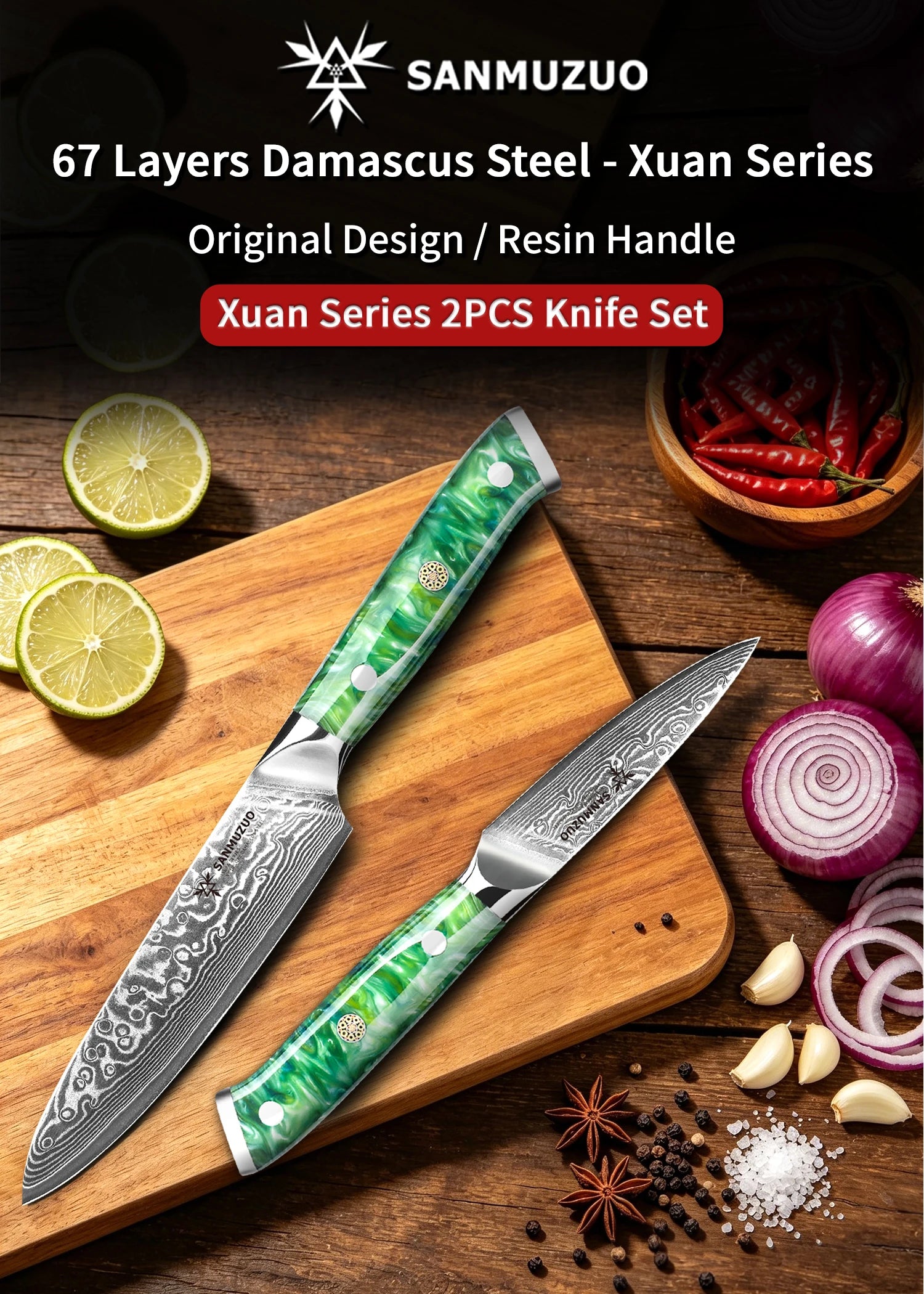 Elegant  2PCS Kitchen Knife Set - Ultra Sharp Damascus Steel  Beautiful Color Options