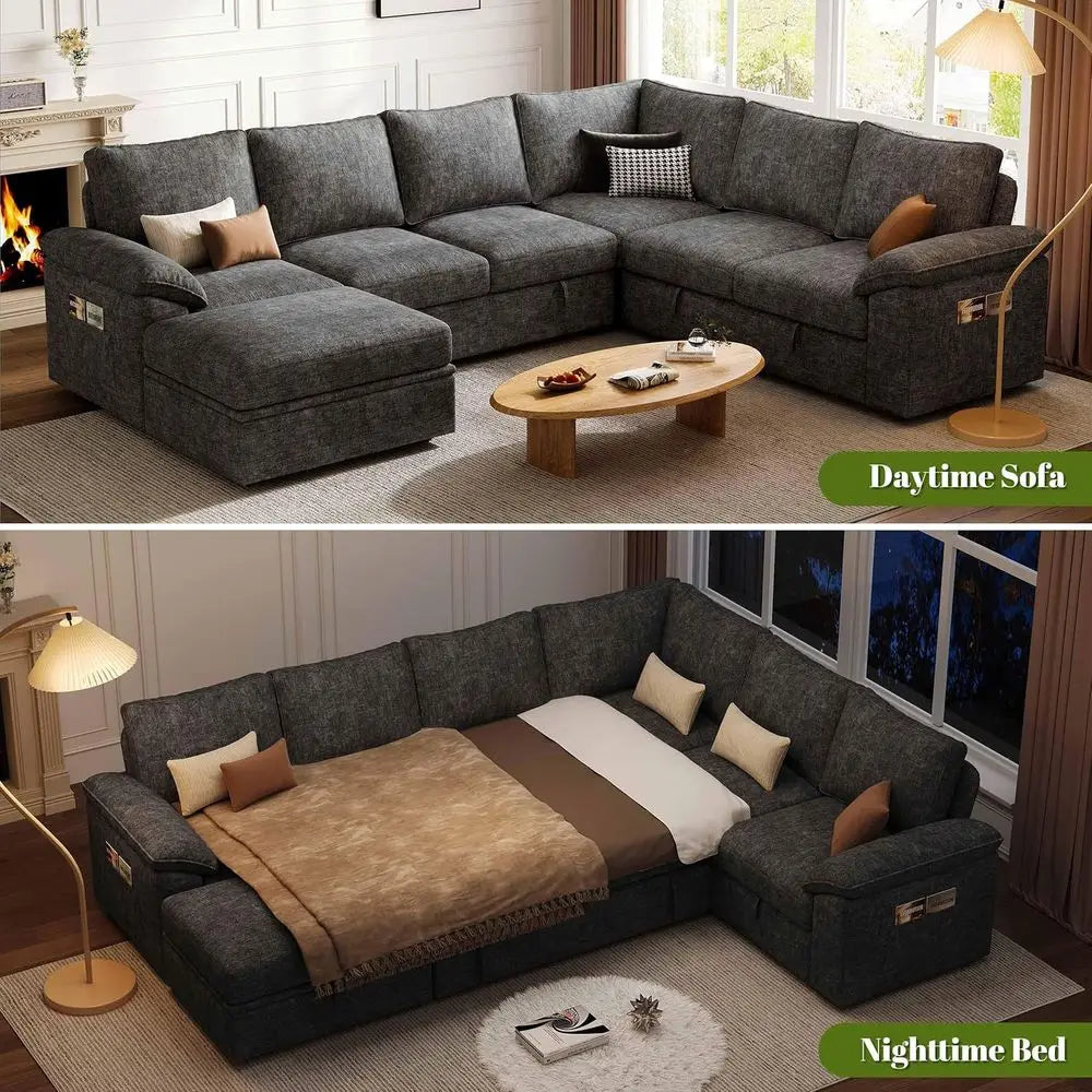 108 Sectional Sofa with Pull-Out Bed, 7-Seat Storage Sectional, Charcoal Grey