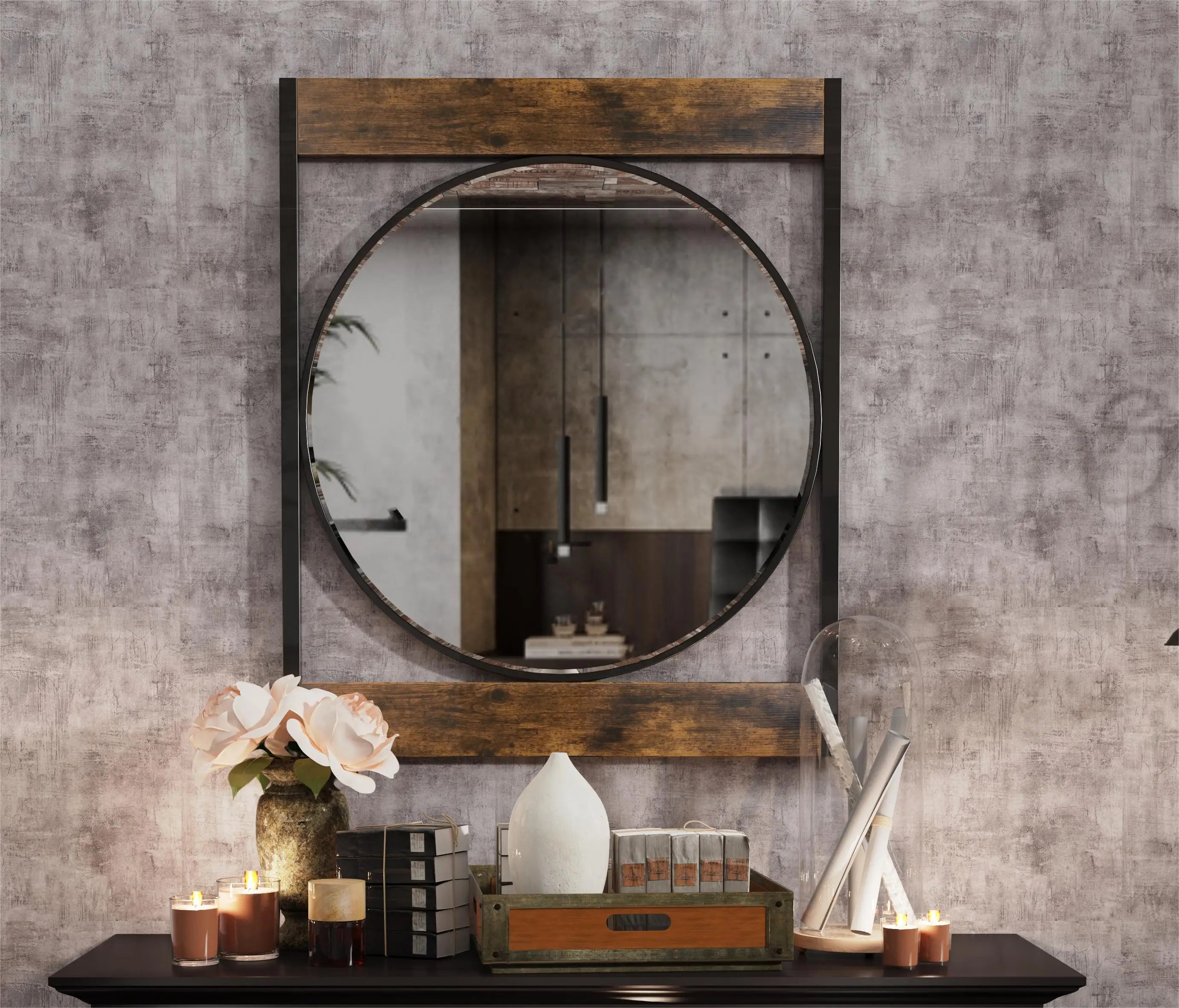 Industrial Metal Wood Frame Mirror 63x76CM