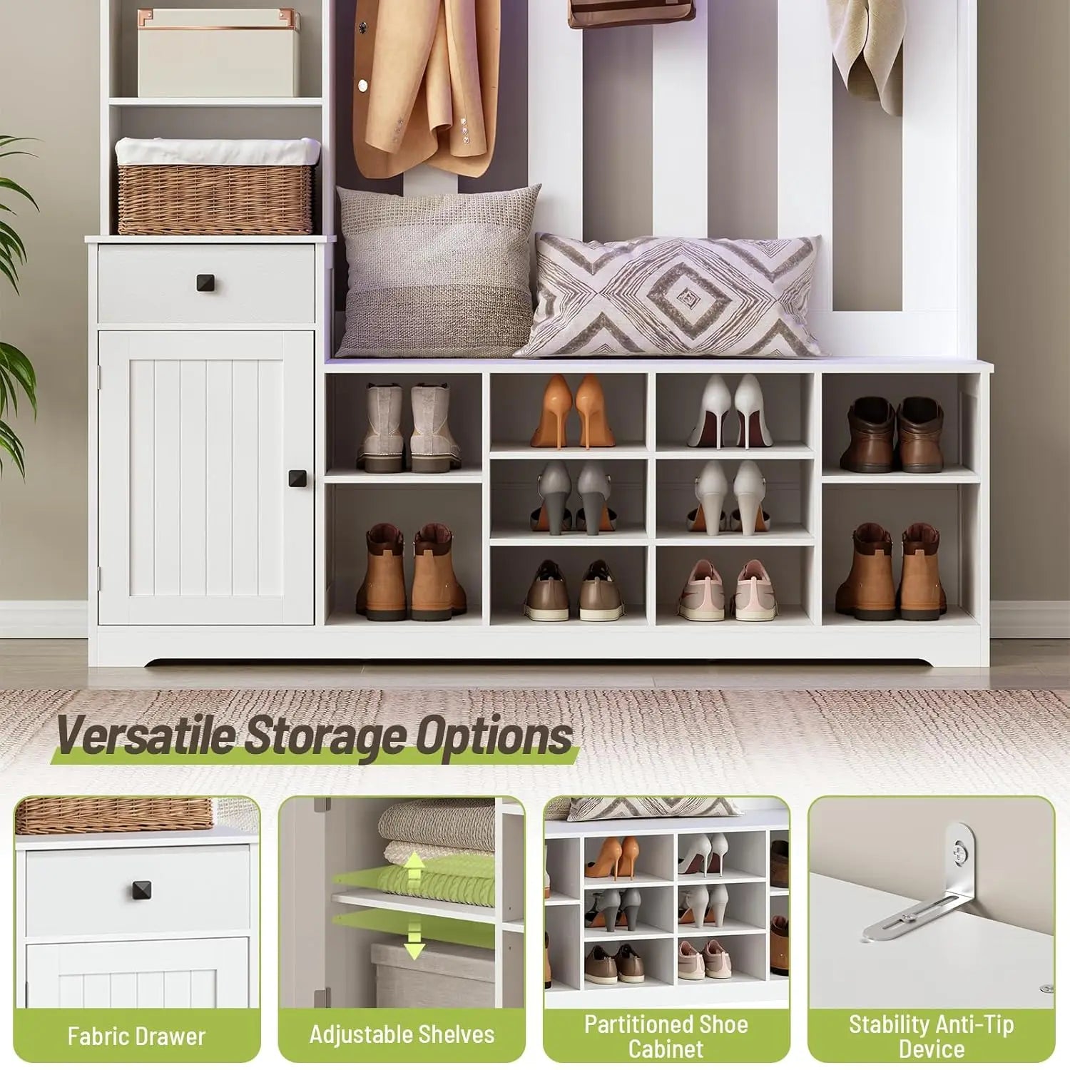 Hall Tree with Bench and Shoe Storage, 59.1" Farmhouse Entryway Bench with Coat Rack and Fabric Drawer, Customized