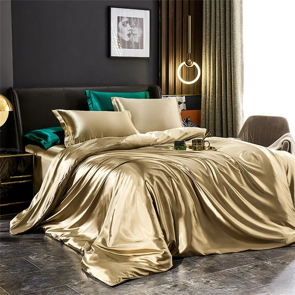 Solid Silk Bedding Set with Duvet Cover Bed Sheet Pillowcases