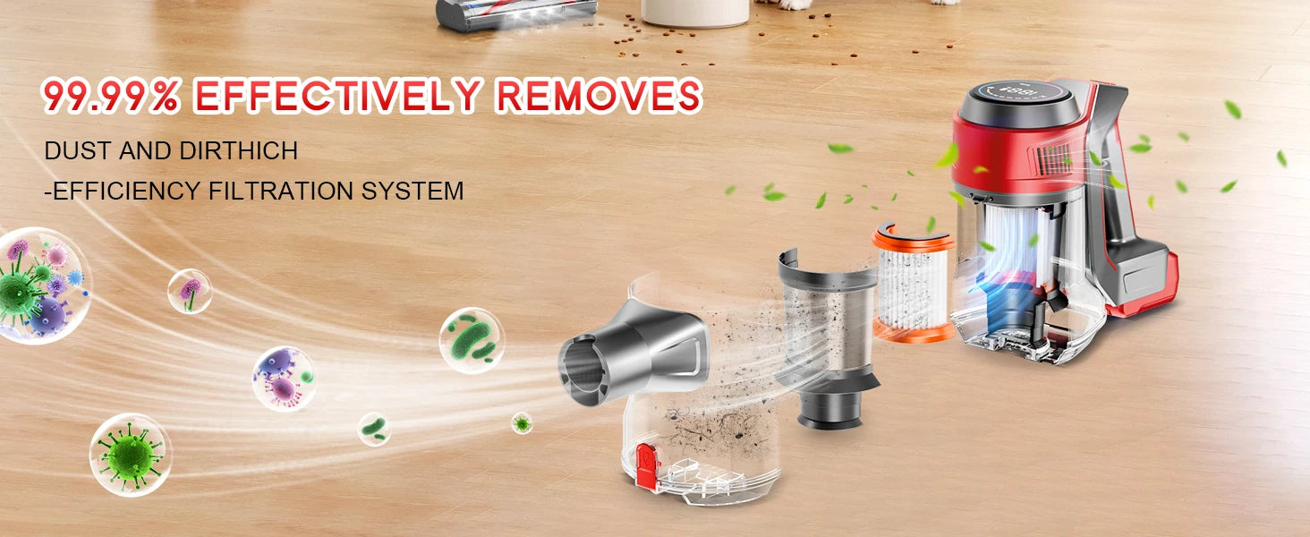 Powerful Cordless Vacuum Cleaner 78KPA 45Min Lightweight Stick Vacuum