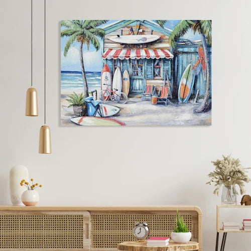 Blue Seaside Villa Surfboard Coconut Tree Ocean  Canvas Wall Art