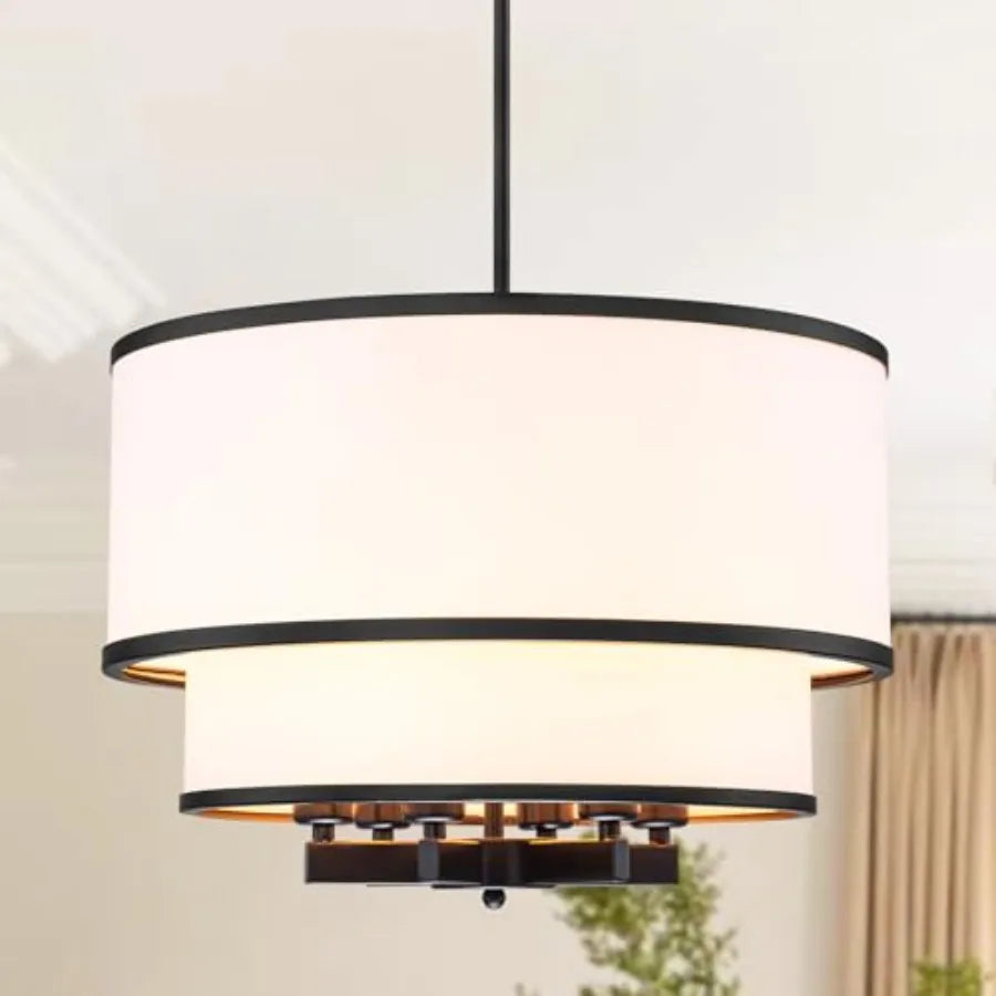20" Modern Black Double with Fabric Shade,6-Light Pendant Light