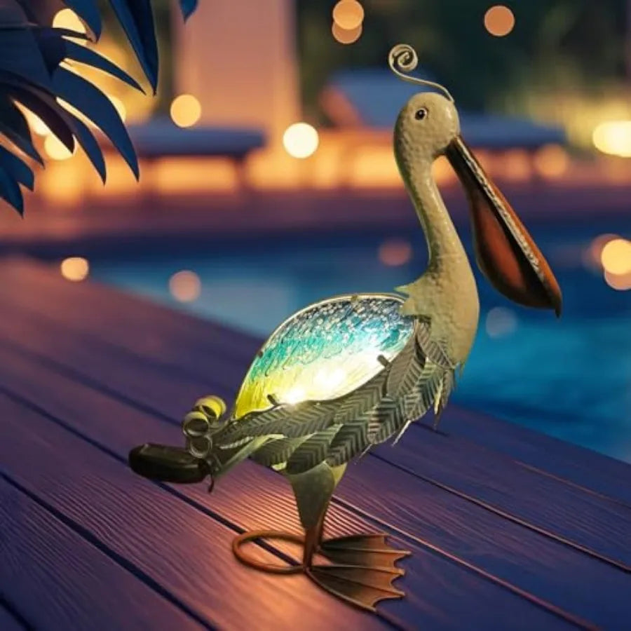 Solar Metal Crane or Pelican Statue Garden Heron Sculpture Yard Art