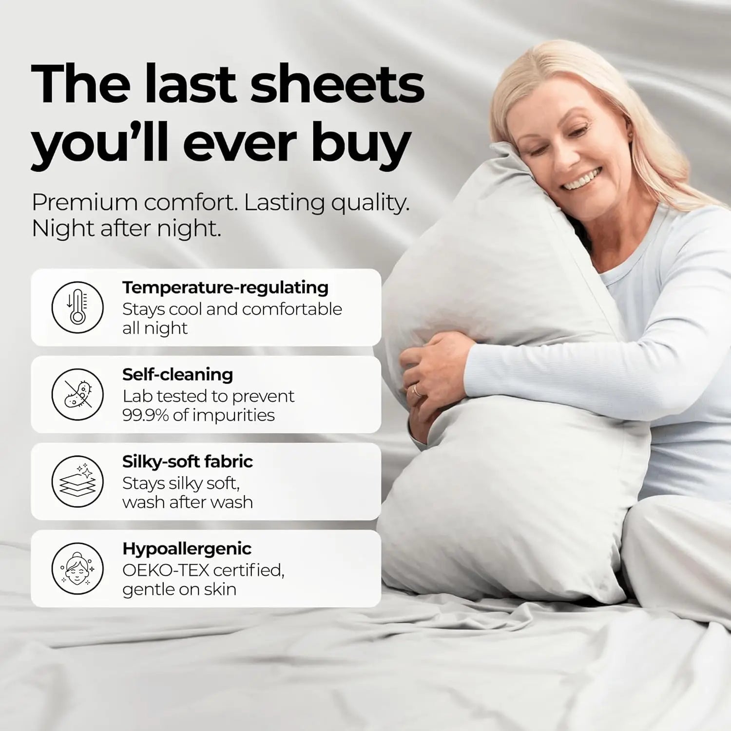 Silver Infused Bed Sheets Set Ultra-Soft Temp-Regulating Fabric Self-Cleaning Technology