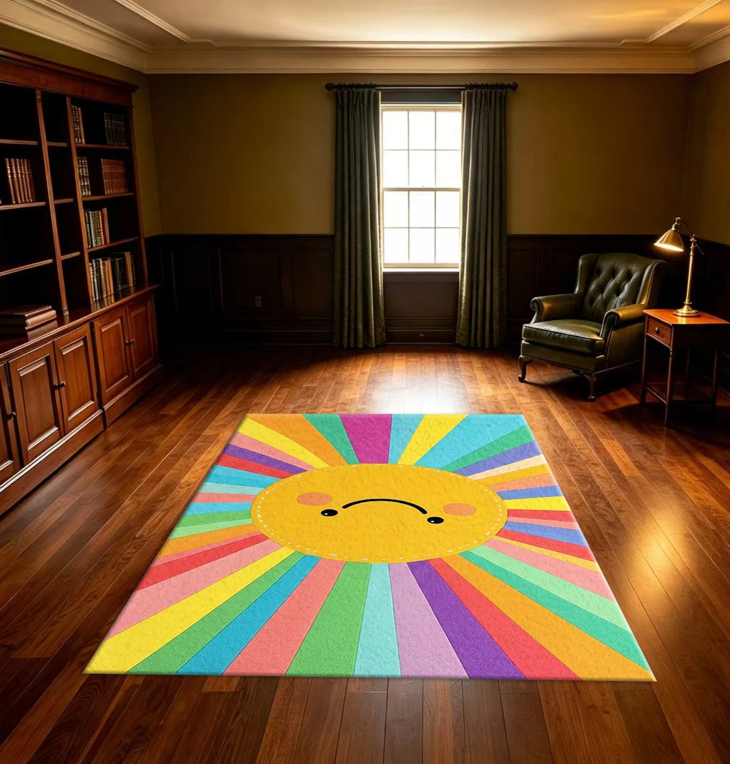 Cute Rainbow Smiley Sun Area Rug Bright Colorful Kids