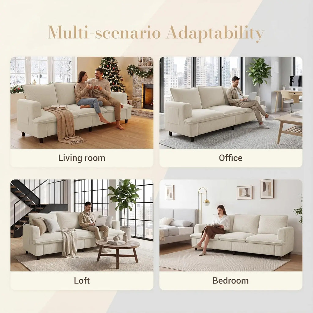 3 Seater Couch, 83" Comfy Corduroy Sofa with Deep Seat, White or Grey