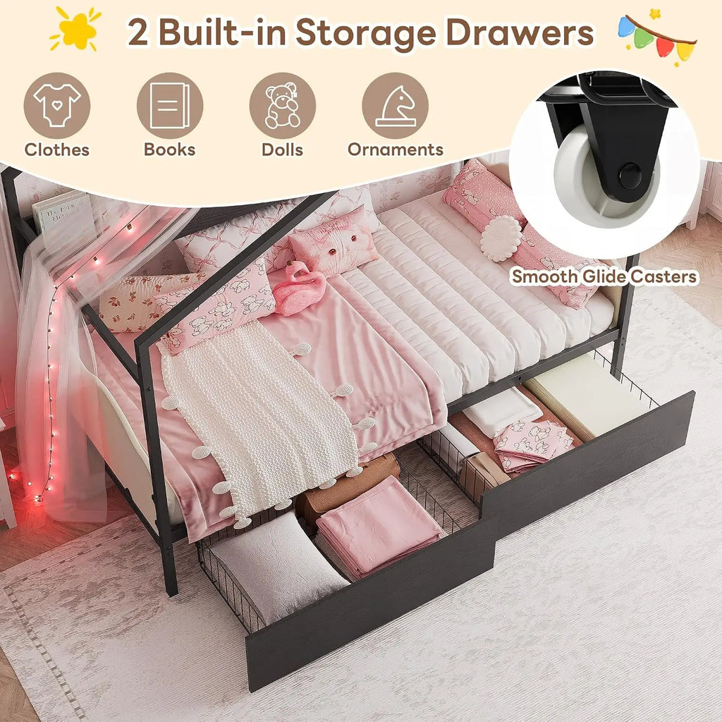 Twin House Day Bed  with Storage Drawers & Bookshelf