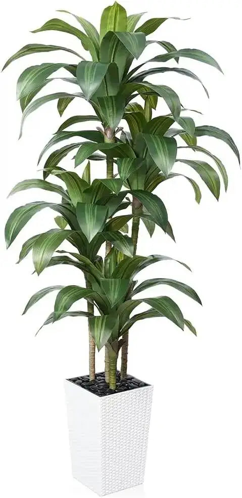 Yucca Tropical Plant  6FT Fake Tree With White Taper Planter & Pebbles UV Resistant