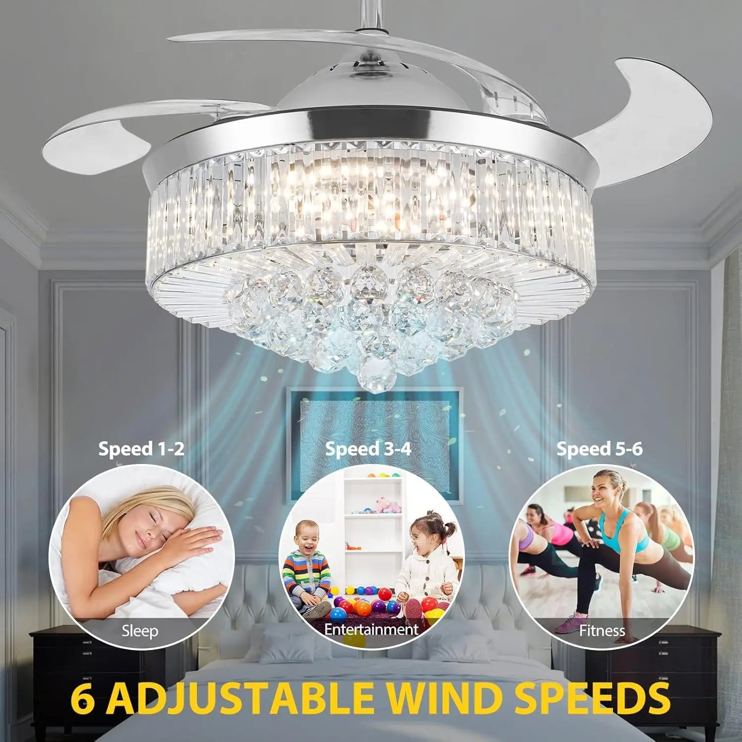 42" Crystal Ceiling Fan with Light, Silvery Chandelier with Remote, 6 Speeds 3 Colors Changes