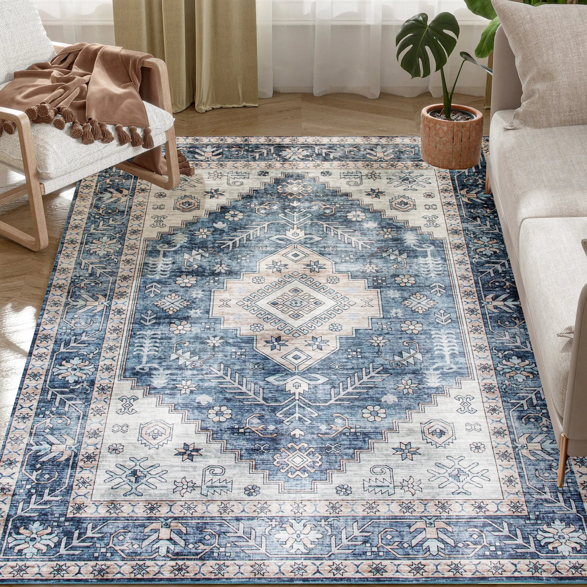 Relaxing Boho Pattern 4'x6' Vintage Oriental Medallion Distressed Rugs, Blue