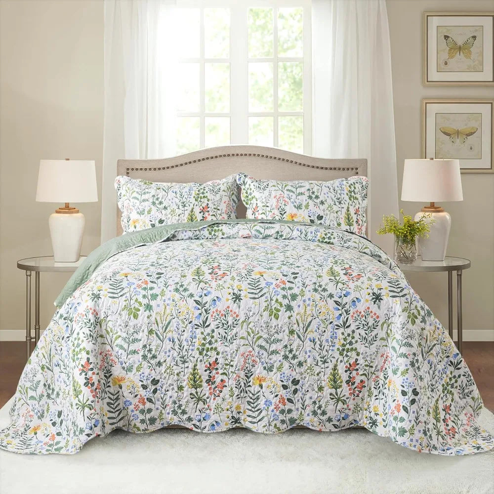 Floral Quilt King Size - 3 Pieces Microfiber Quilt Set Lightweight Wildflower