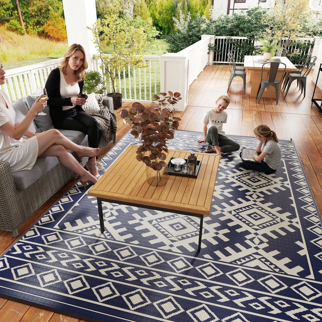 Jazzy Outdoor Rug, 9' x 12' Floor Mat, Blue White Rhombus Border
