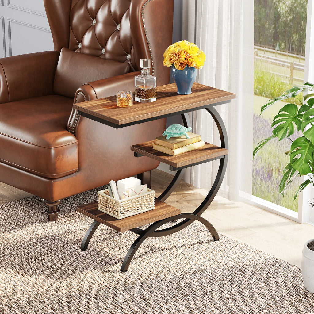 C-Shaped End Table, Industrial 3-Tier with Storage Shelves
