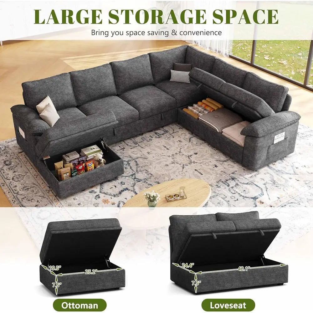 108 Sectional Sofa with Pull-Out Bed, 7-Seat Storage Sectional, Charcoal Grey