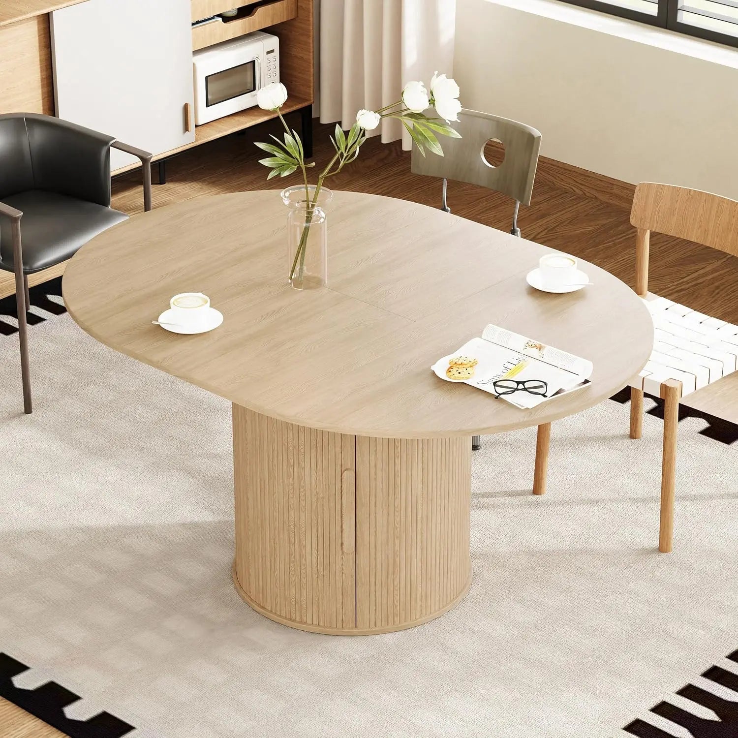 Round-to-Oval Dining Table Hidden Storage and Extendable
