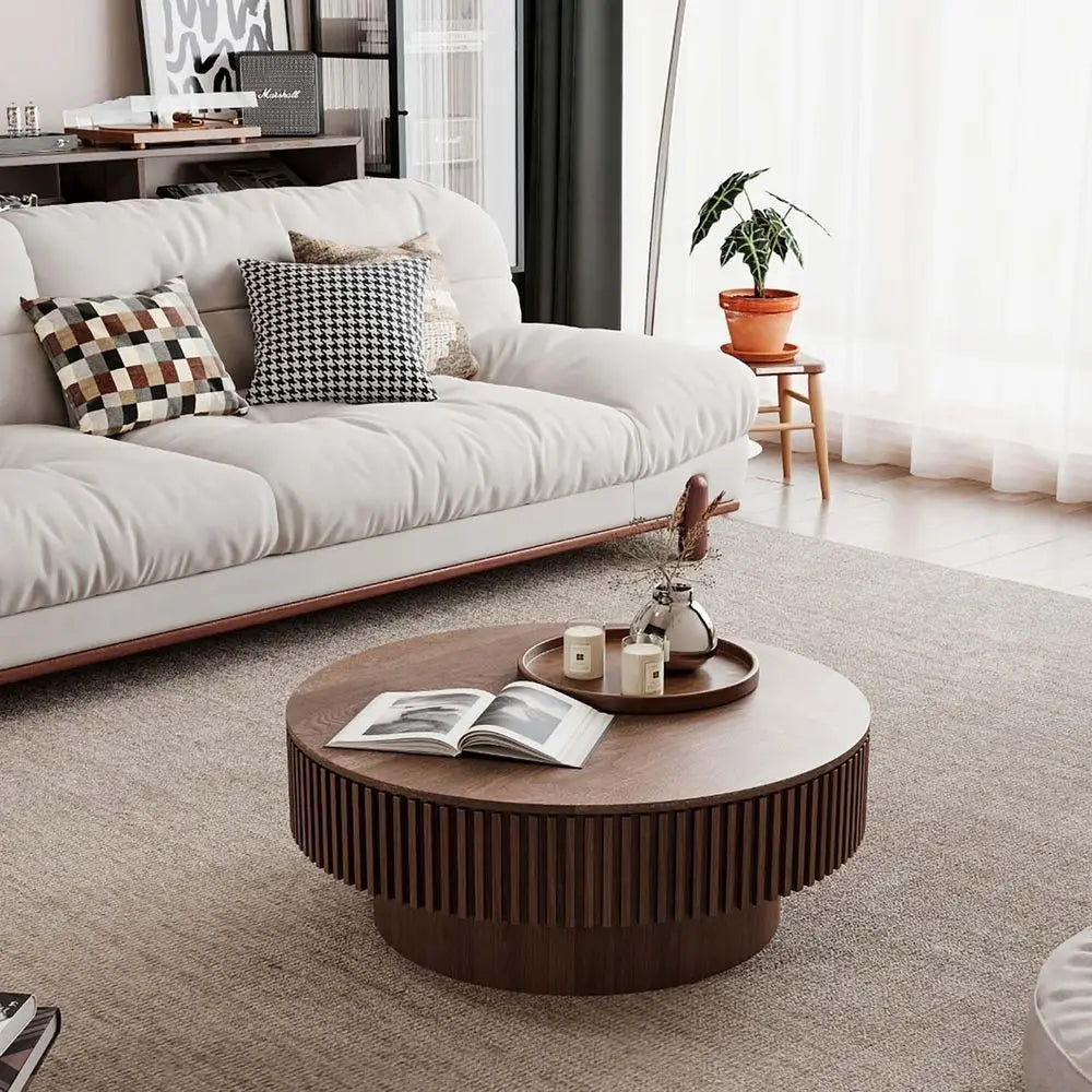 Walnut Round Coffee Table with Storage for Small Spaces: 31.5L × 31.5W × 14H