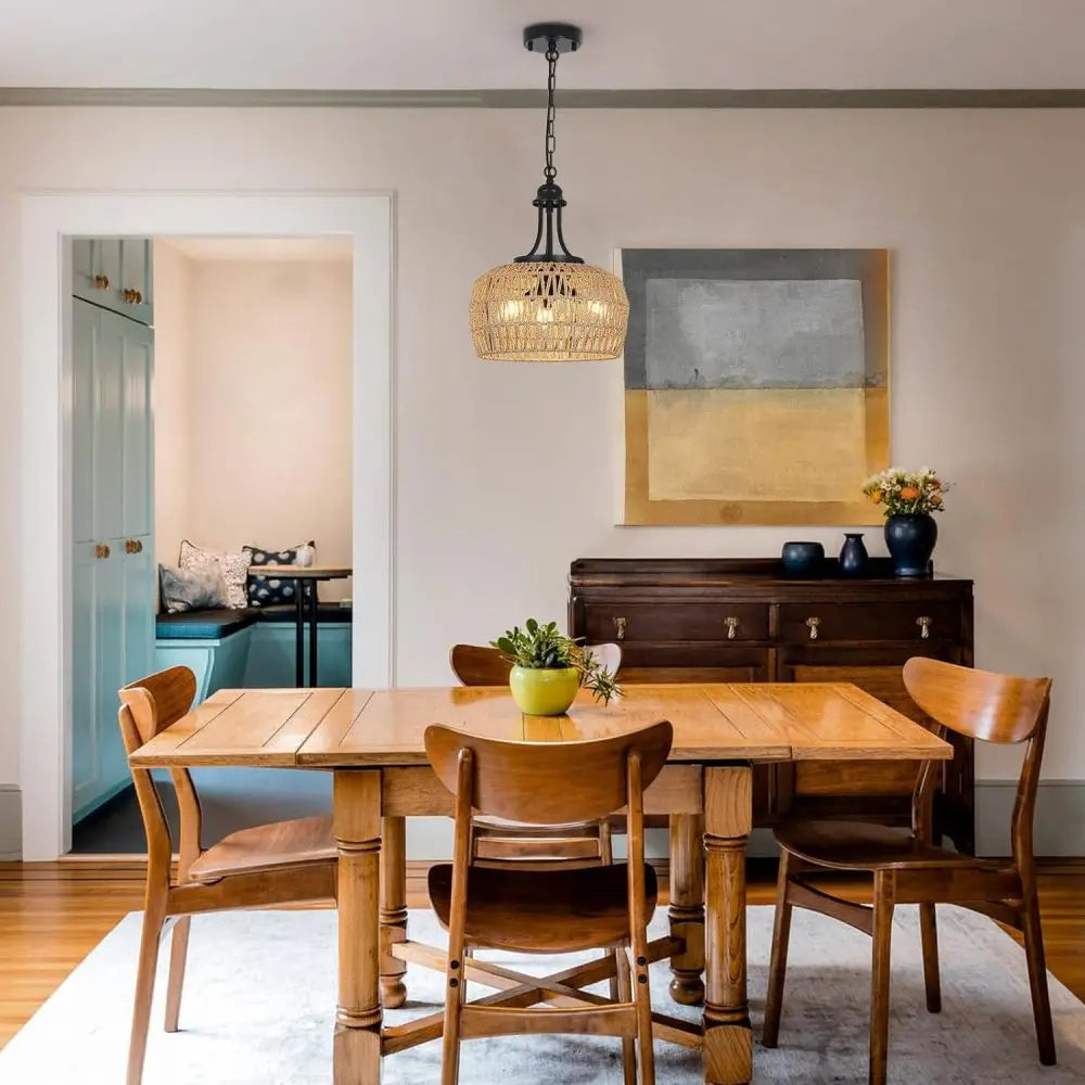 3-Light Boho Farmhouse Rattan Chandelier: Woven Coastal Pendant