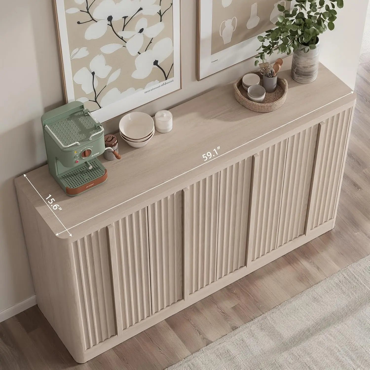 Fluted Buffet Cabinet , 60"Sideboard Buffet Cabinet with 4 Door-Modern Credenza