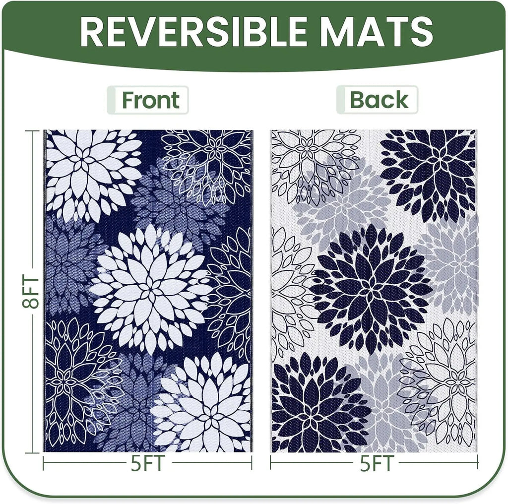Waterproof Reversible Outdoor Rug, 5' x 8' Blue Mat