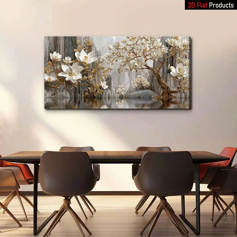 White Magnolia Flower Tree With Golden Accents High Quality Wall Art Printed