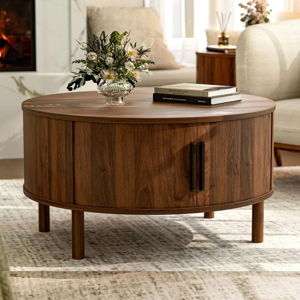 Sleek MidCentury, Walnut 30.0D x 16.3H, Round Coffee Table