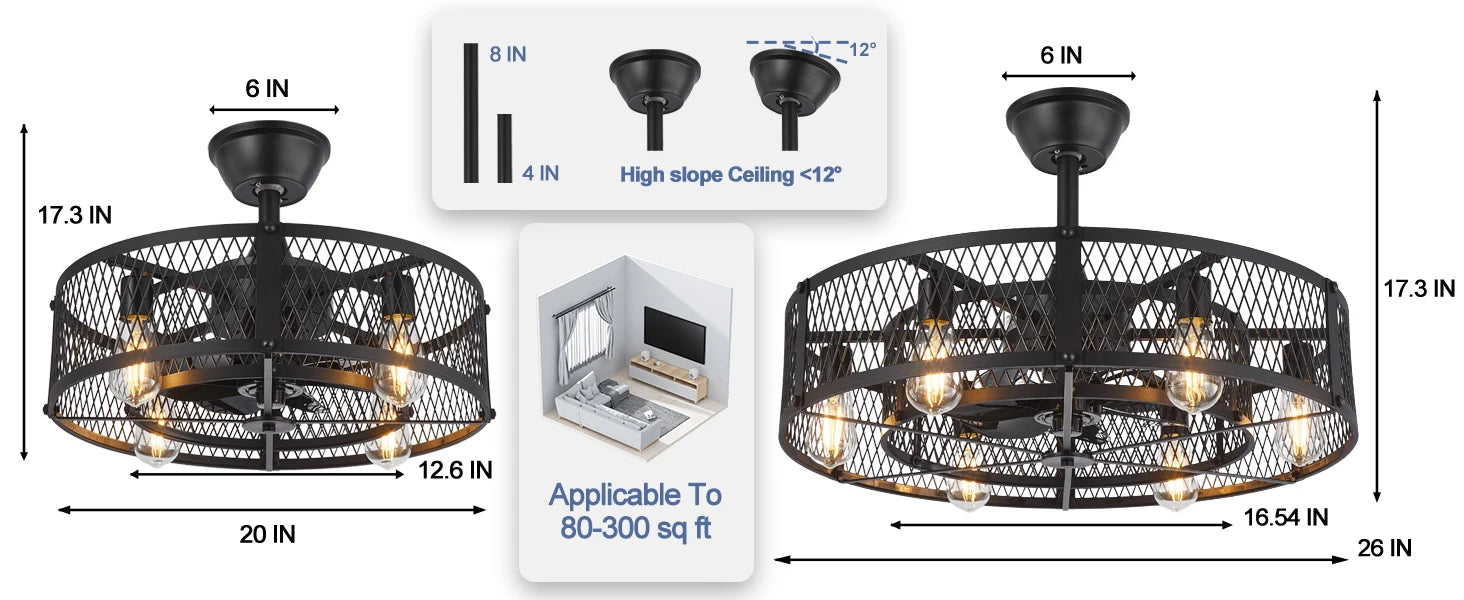 Caged Ceiling Fan with Light: 20/26" Farmhouse Fandelier Ceiling Fan with Remote for Low Profile Indoor Bedroon Kitchen Living