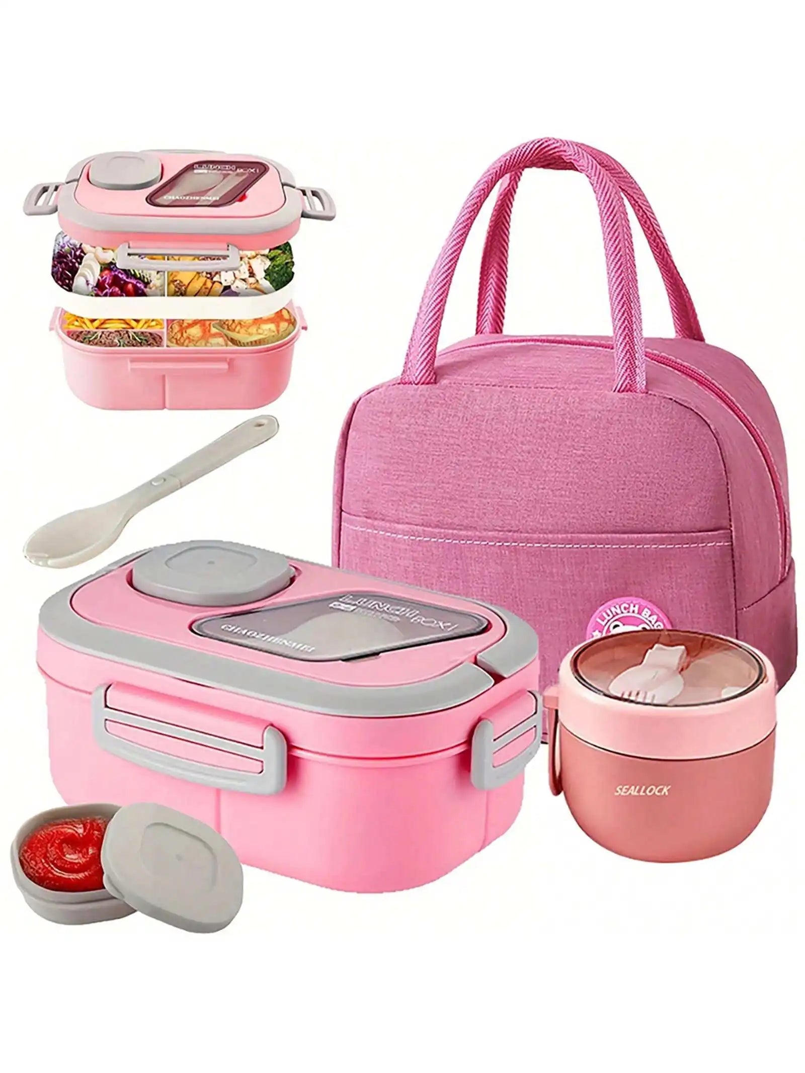 2-Layer Multi-Compartment Lunch Box Set: Lunch Box + Cup + Bag.