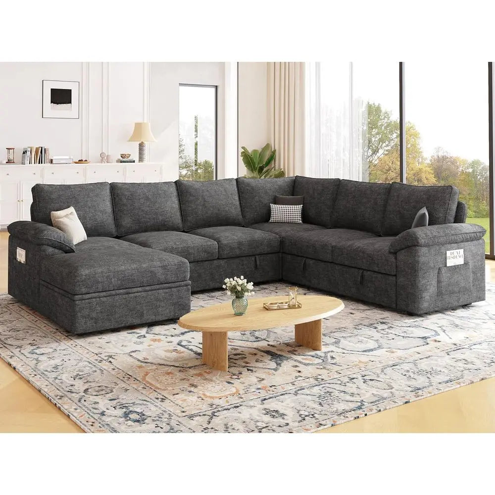 108 Sectional Sofa with Pull-Out Bed, 7-Seat Storage Sectional, Charcoal Grey