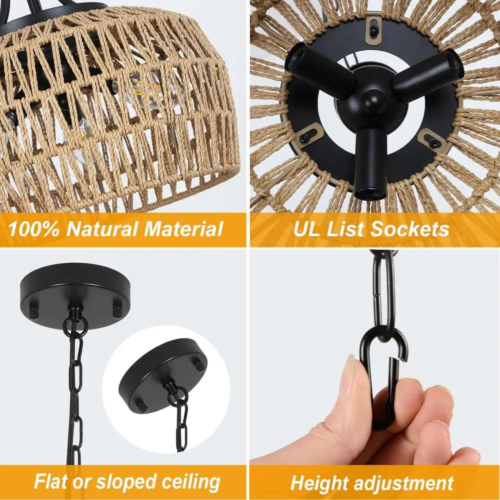 3-Light Boho Farmhouse Rattan Chandelier: Woven Coastal Pendant