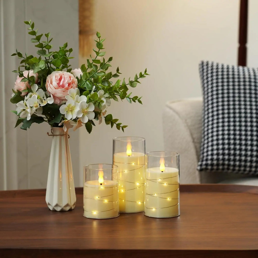 LED Flameless Candles with Fairy Lights, Set of 3, Ivory White