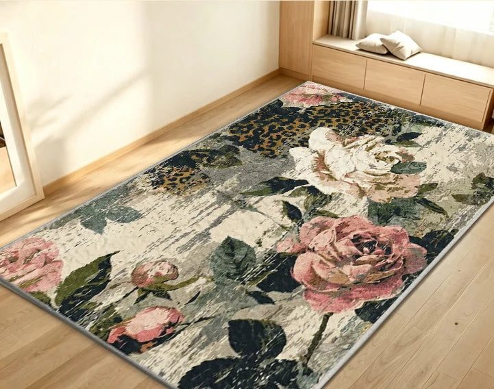 Vintage Rose Leopard Patchwork Area Rug Pink Green Distressed