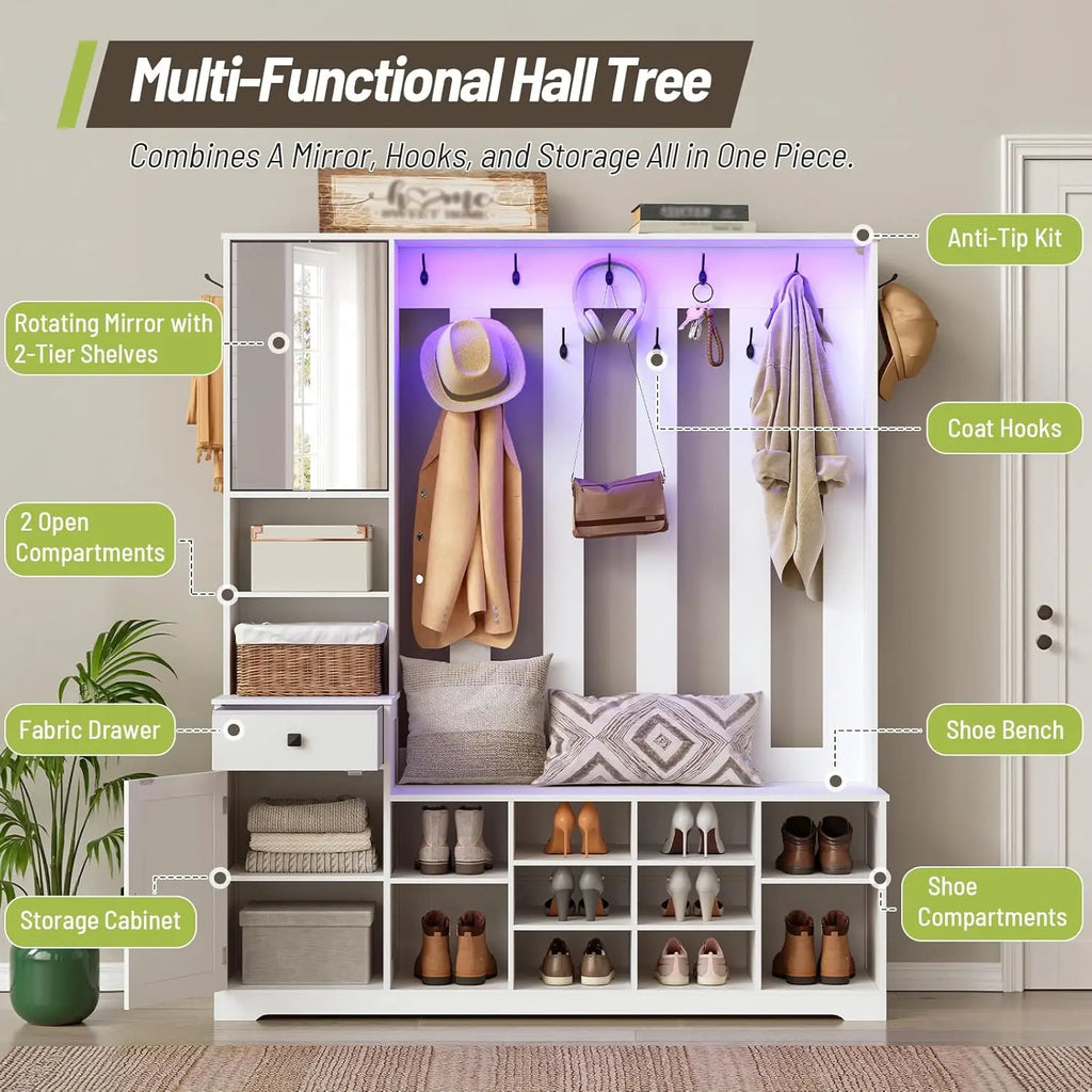 Hall Tree with Bench and Shoe Storage, 59.1" Farmhouse Entryway Bench with Coat Rack and Fabric Drawer, Customized
