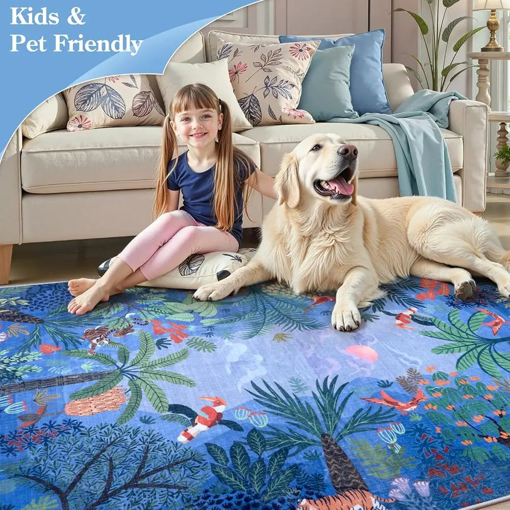 Jungle Animal Print 5X7 Blue Rug Living Room, Non-Slip Kids Bedroom Rugs  Washable