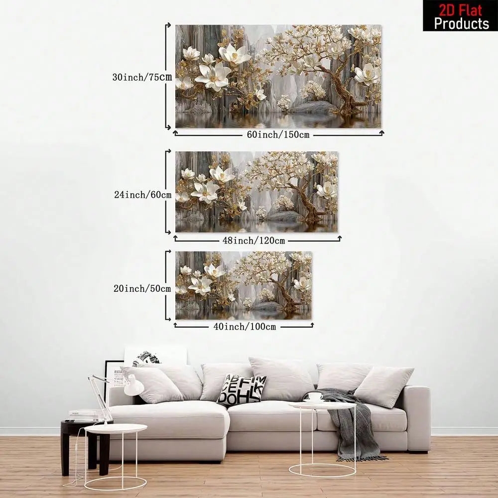 White Magnolia Flower Tree With Golden Accents High Quality Wall Art Printed
