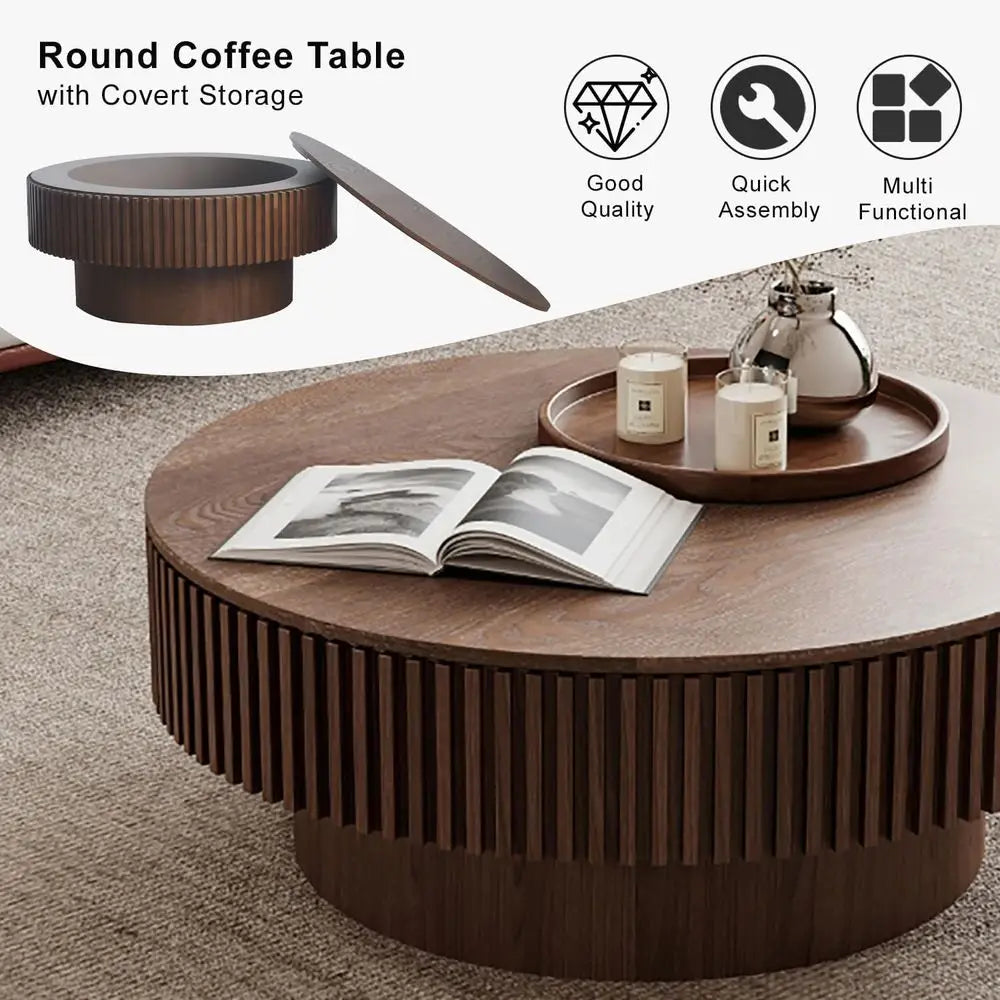 Walnut Round Coffee Table with Storage for Small Spaces: 31.5L × 31.5W × 14H