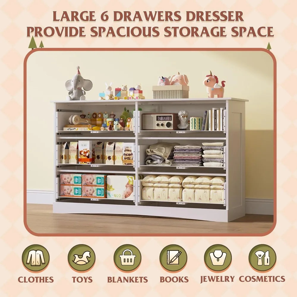 Exquisite White Dresser with 6 Drawers, Wide Wooden Chest of Drawers for Bedroom, Large White Storage Tower Unit