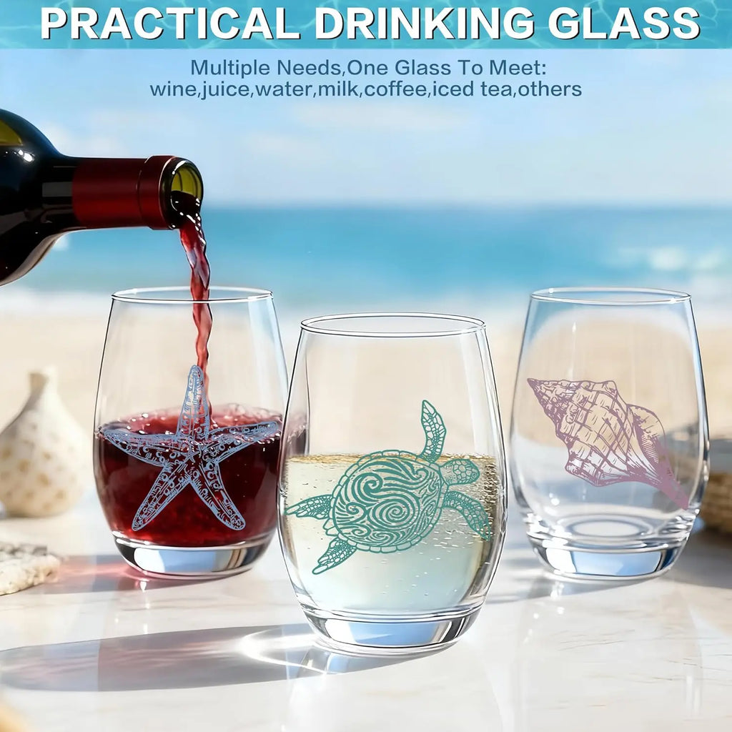 4 PCS Ocean Stemless Wine Glasses-17 Oz Coastal Glassware Gifts for Beach Lovers-Sea Turtle,Seashell,Starfish,Conch Wine