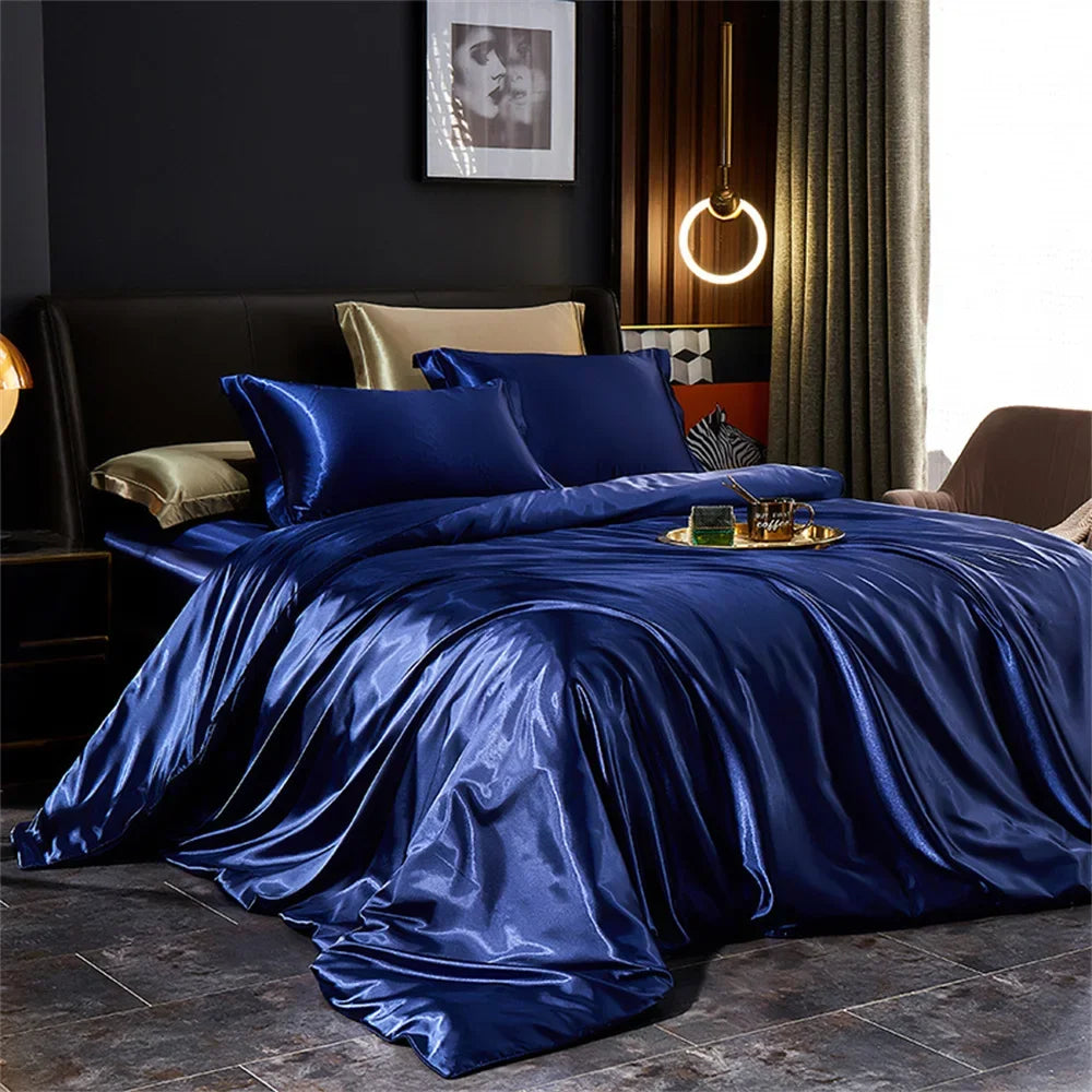 Solid Silk Bedding Set with Duvet Cover Bed Sheet Pillowcases
