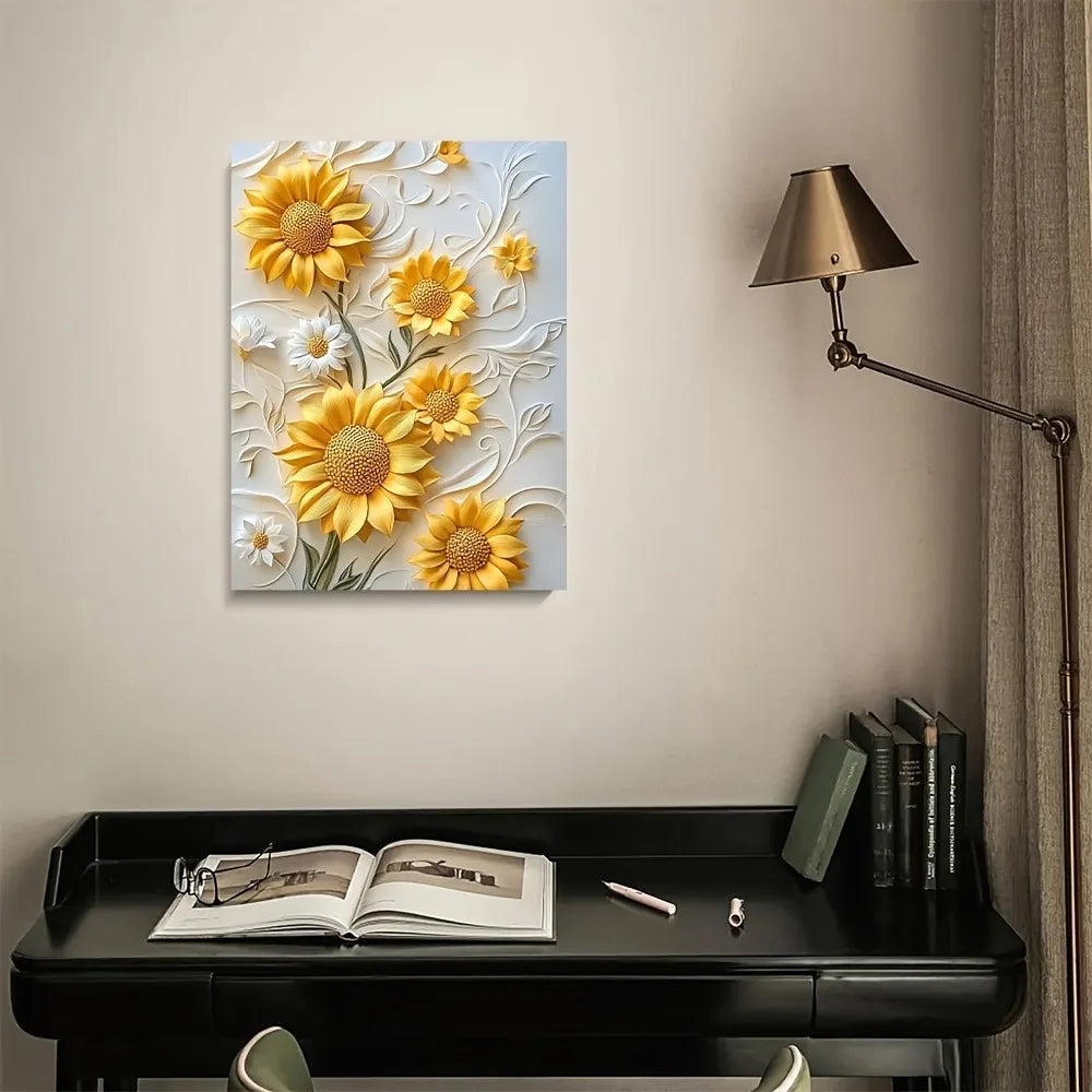 3D relief sunflower canvas art with wood frame, vivid yellow wall printing
